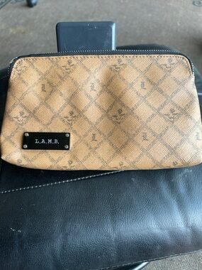 L.A.M.B. Tan Monogram Cosmetic Pouch with Logo Plaque